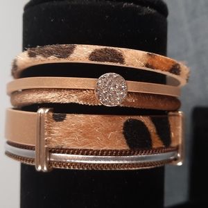 Leather Rhinestone Leopard Print Bracelet Magnetic Closure Gold Metal Accent